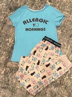 Allergic to Mornings Kids Pajama Set - Blue and Cream